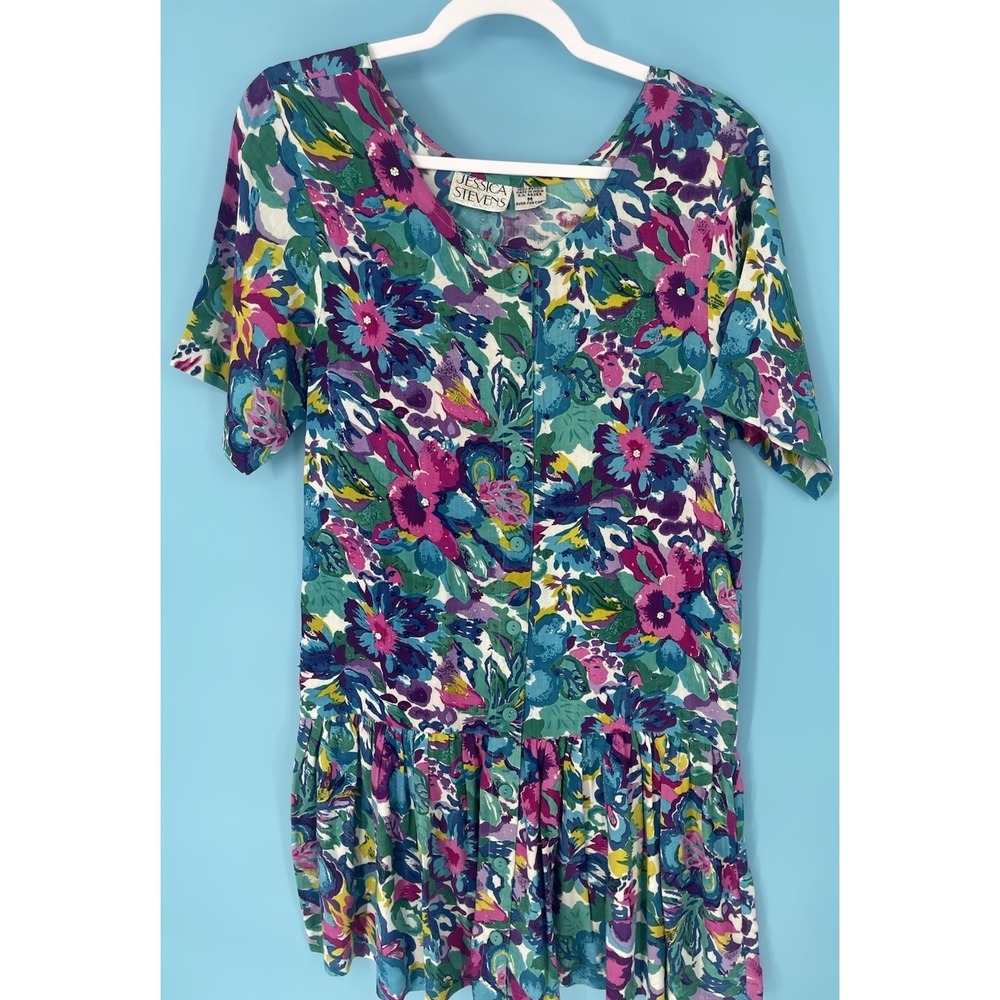Vintage Jessica Stevens Medium Floral Dress Pit To Pit 19 Beaded With Drop Waist